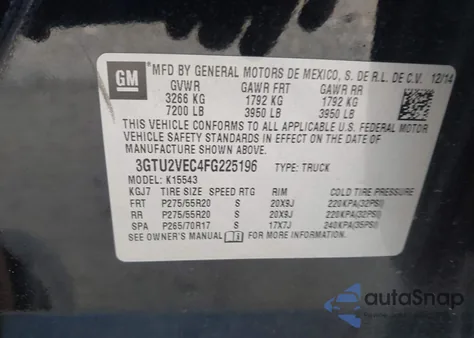 2015 GMC Sierra 1500 Slt z USA, uszkodzony, nr VIN 3GTU2VEC4FG225196